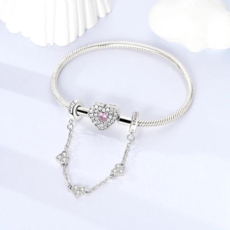 Copper Pink Heart-Shape Forever Love Charms Colorful Zircon Beads Pendant Fit Original Bracelet Diy Jewelry Gifts For Women