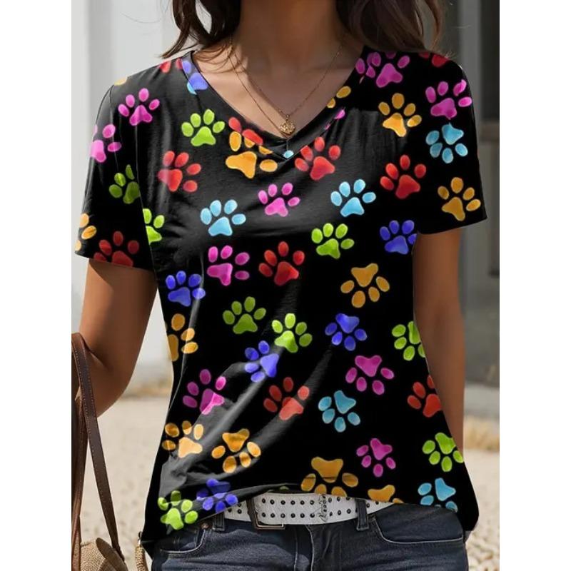 Summer Fashion Trend Casual Animal Cat Pattern Printed Short Sleeved V-neck Women's T-shirts