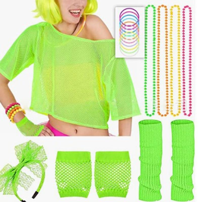 80er Jahre Kostümzubehör Stirnband Ohrring Netzshirt Halskette Armband für 80er Jahre Retro Party Dekorationen
