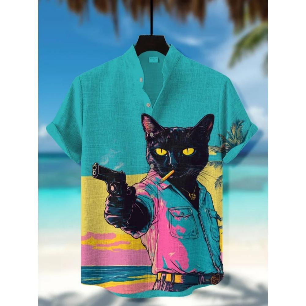 Men's Japanese Retro Art Black Cat Print Shirt Short Sleeve Stand Up Collar Single Breasted Casual Linen Top for Vacation