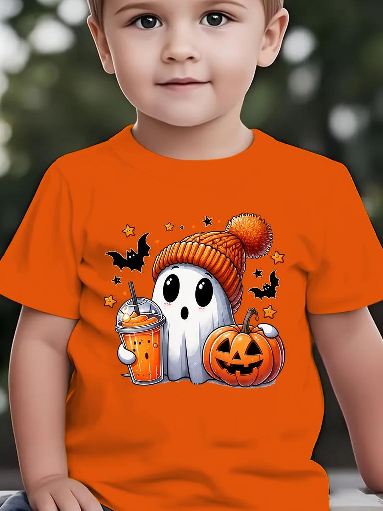 Summer Fashion Children's Short Sleeved T-shirt Pumpkin Halloween Cartoon Printed Casual Parent-child Top