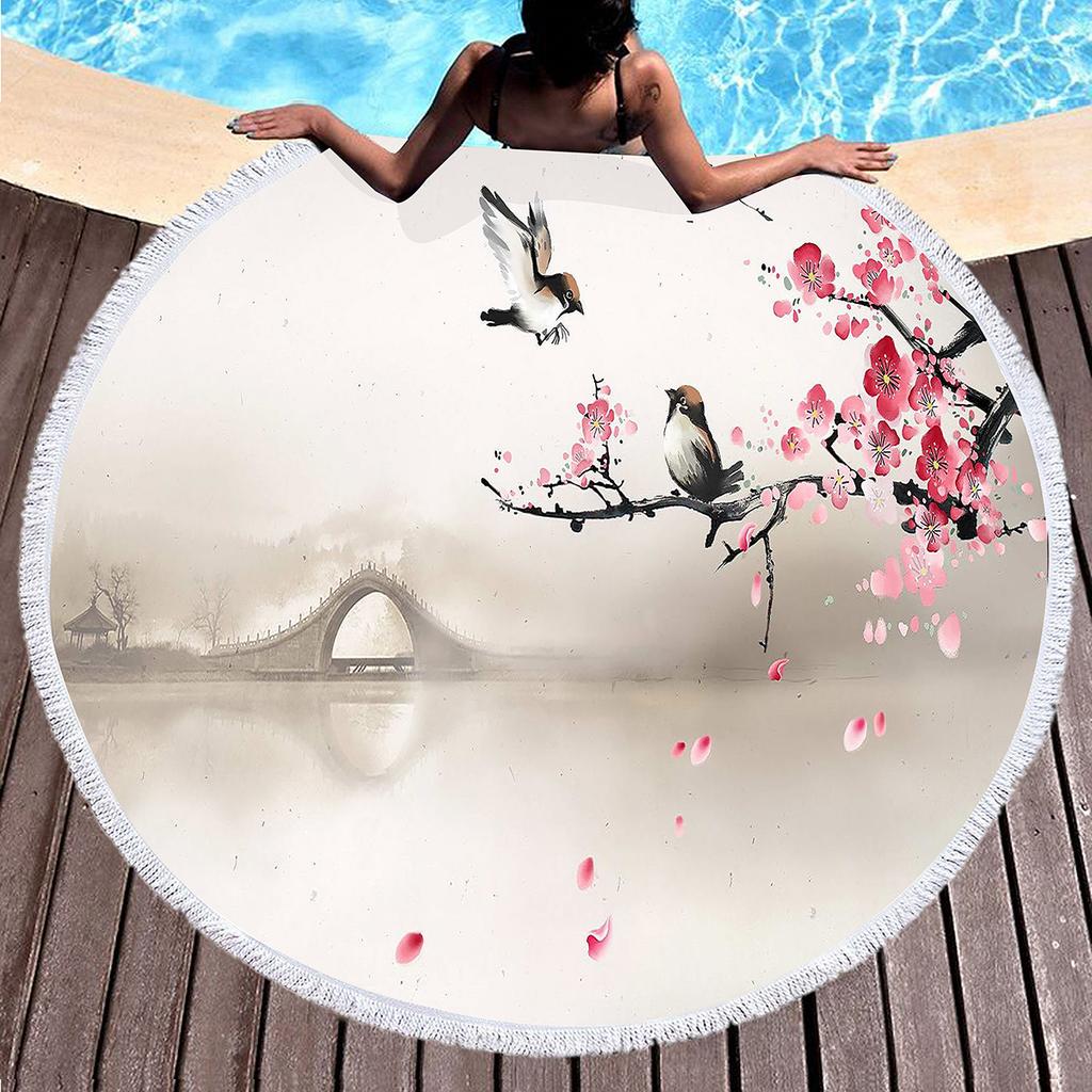 Peach Blossom Pattern Round Beach Towel, Microfiber Lightweight Beach Blanket, Soft Absorbent Quick Dry Pool Towel Picnic Mat