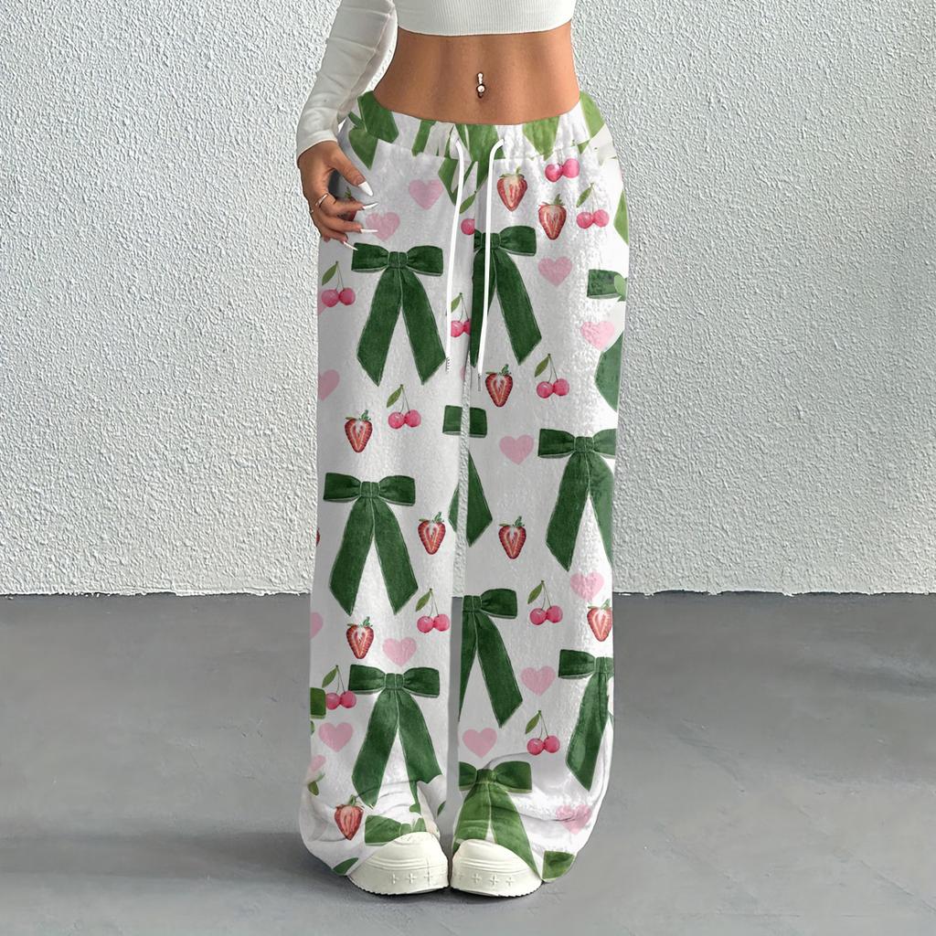 Women's Casual Fashion Printed Elastic Waist Loose Straight Leg Pants With Rope