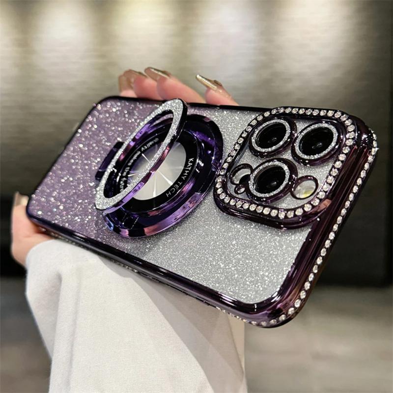 Luxury Plating For Magsafe Magnetic Stand Holder Glitter Diamond Case For iPhone 17 16 15 11 12 13 14 Pro Max Silicone Cover