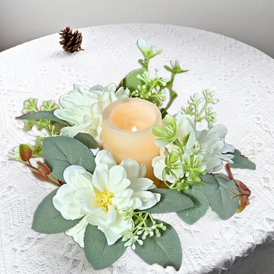 Artificial Dahlia Wreath Candle Ring Pillar Candle Holder Green Leaves Flower Garland Home Wedding Party Table Centerpiece Farmhouse Decoration