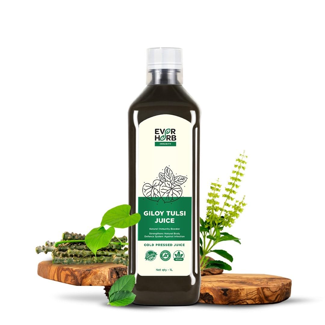 

Everherb Giloy Tulsi Juice 100% Ayurvedic Natural No Added Sugar Guduchi Juice | 1000ml 2.2lbs