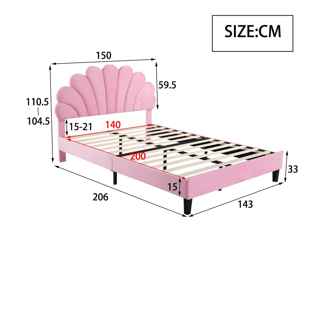 Letto Matrimoniale Imbottito 140 x 200 cm, Struttura con Testiera a Forma di Fiore e Rete a Doghe, per Adulti-Ragazzi in Tessuto di Velluto Amico della Pelle, Letto per Ospiti Rosa