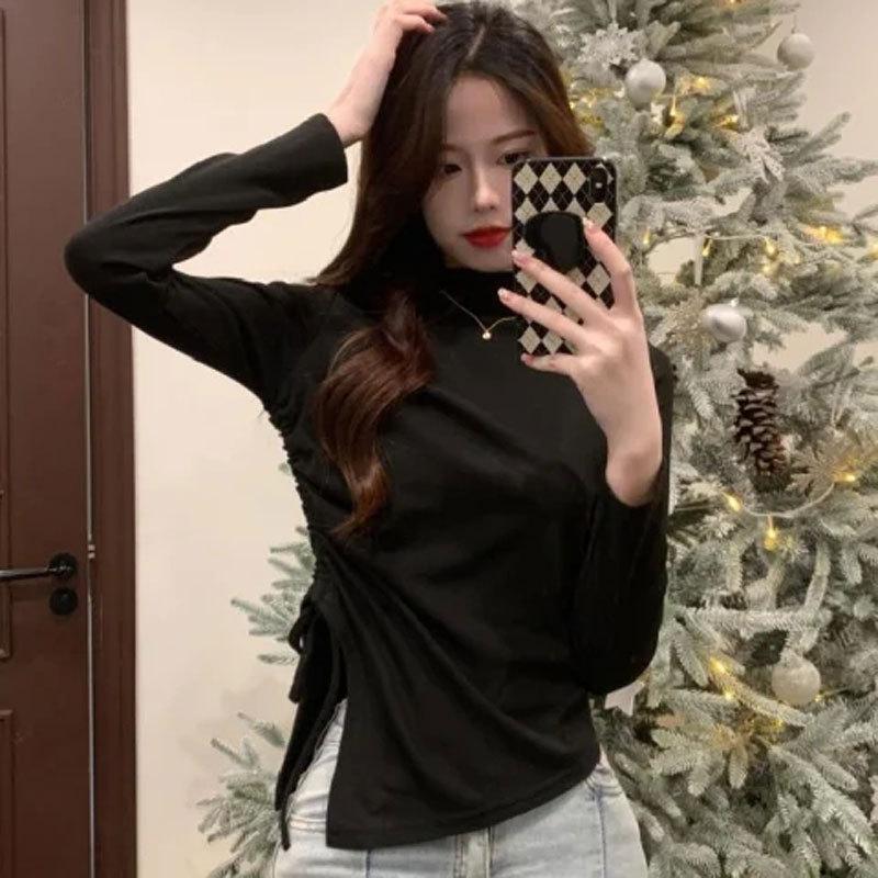 Women s Mock Neck Long Sleeve Solid Top Slim Fit Ruched Drawstring Irregular Hem Sweet Sexy Commute Layering Blouse M
