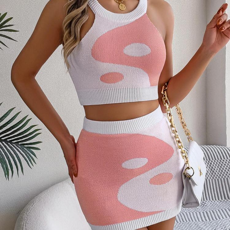 Women Sleeveless Knit Two Piece Set Half Collar Pullover Sweater Suit Multicolor Skirts