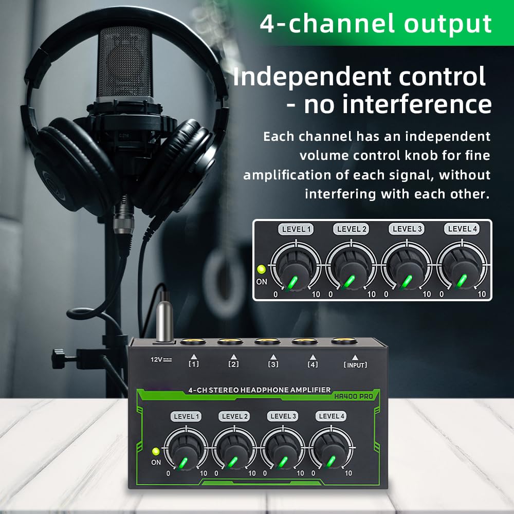 Amplificator pentru căști Btuty, amplificator stereo pentru căști cu 4 canale, mini amplificator audio cu adaptor de alimentare, interfață DC 12V, amplificator portabil pentru căști