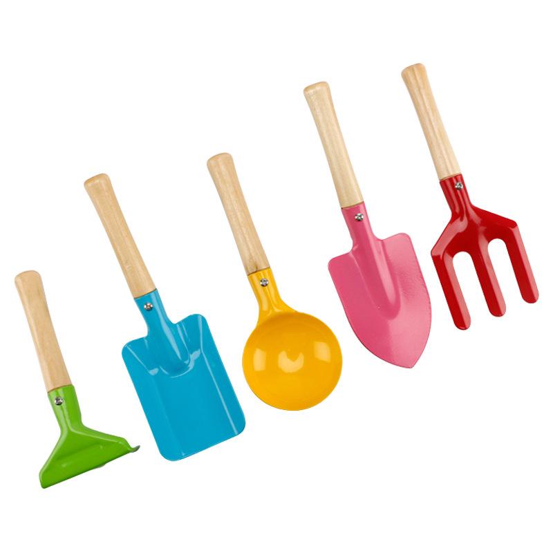 5PCS Kids Beach Toys Set – Metal with Wooden Handle Sand Tools for Children Beach Gardening Outdoor Play Set for Kids
