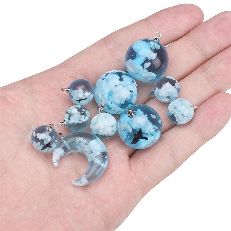1pc Blue Sky White Cloud Series Pendant Sky Round Beads Moon Beads Charm Transparent Resin Pendant DIY Handmade Jewelry Necklace Accessories