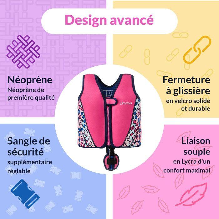 Limmys gilet de natation en néoprène premium - gilet de sauvetage pour enfants - 8 flotteurs amovibles - léopard rose - petit