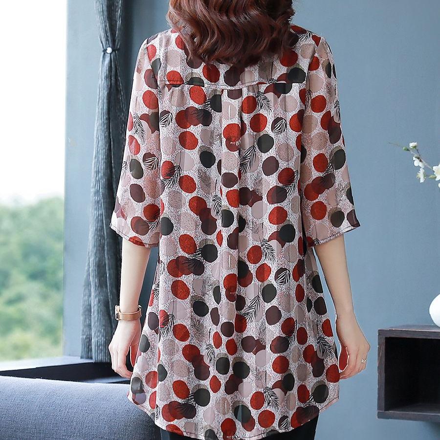 Large Size Shirt Women's Fashion Polka Dot Chiffon Shirt Loose Mid-length T-shirt Top Summer Sun Protection Clothing
