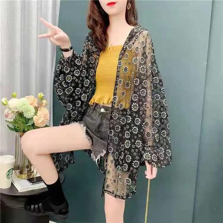 

Летняя одежда для защиты от солнца, женская корейская мода, сетчатая куртка с капюшоном, солнцезащитный кардиган Little Daisy, куртка XXXL