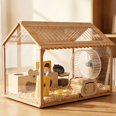 Large Wooden Hamster Cage With Clear Acrylic Panels Ventilated Escape-Proof Design Syrian Dwarf Hamsters