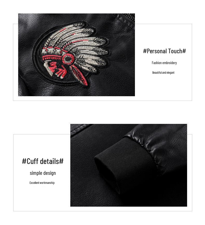 Men's Plus Size Embroidered Leather Baseball Jacket with Velvet, Trendy Spring & Autumn Outerwear.