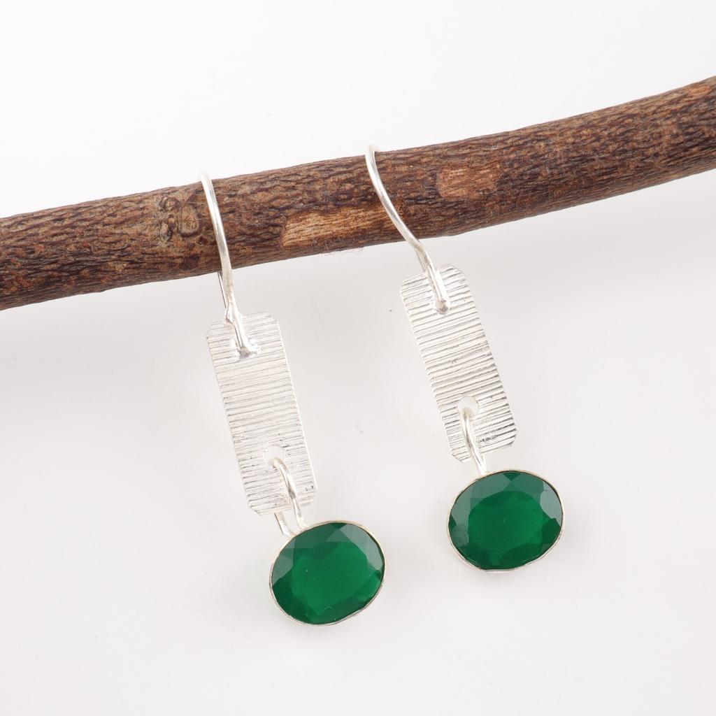 Green Onyx Gemstone 925 Solid Silver Jewelry Handmade Earrings 1.9" Gift For Her EE-168-18
