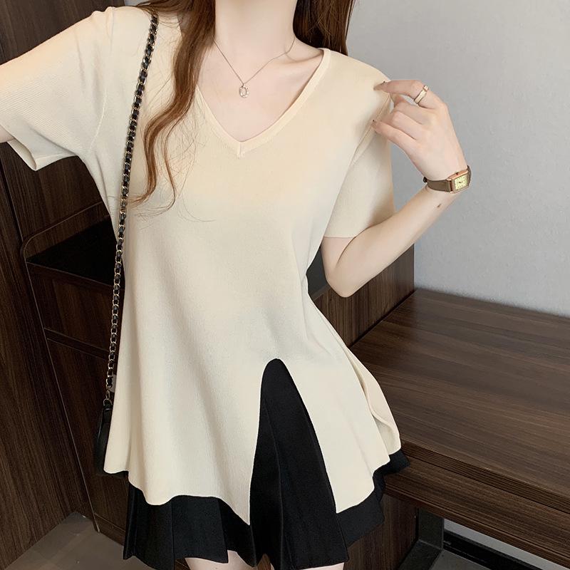 

2026 Plus Size Women s Knit Split Hem Short Sleeve Top – Summer New Arrivals L абрикосовый