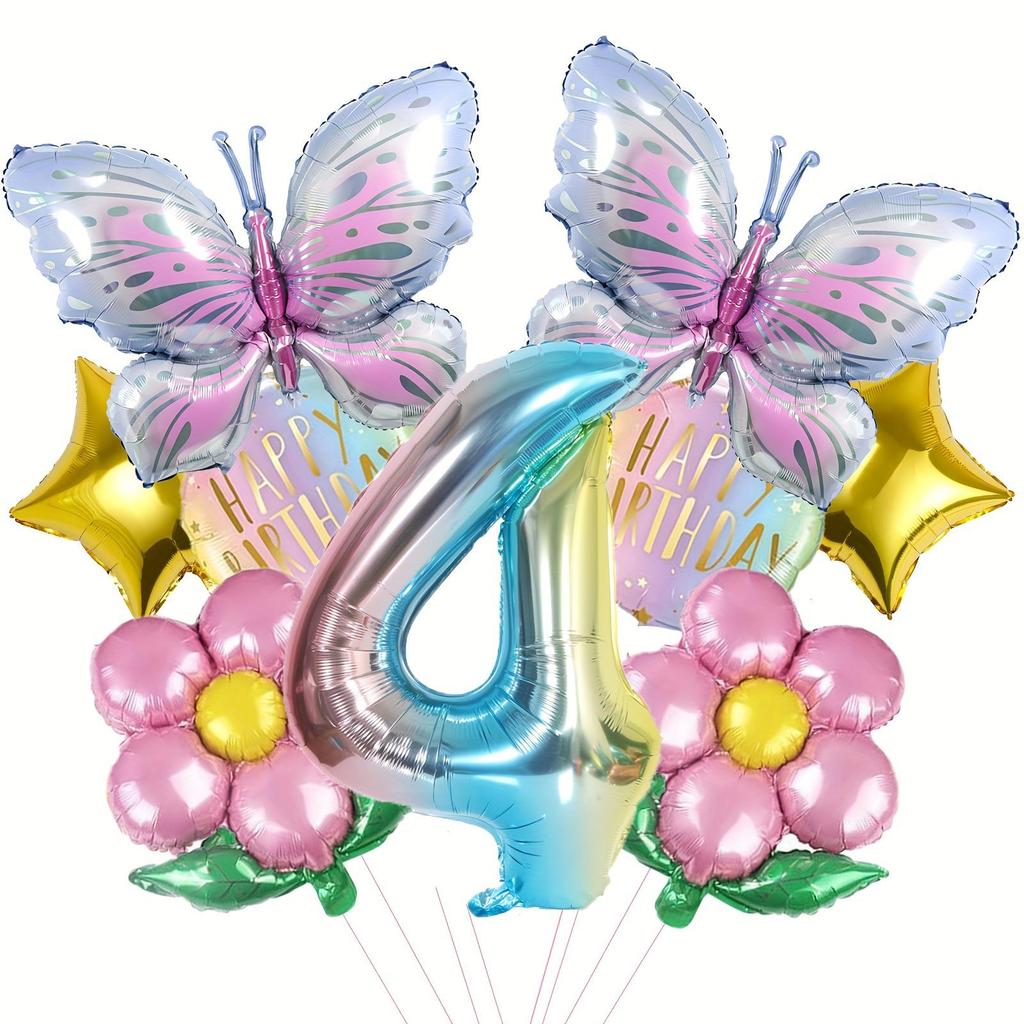 Butterfly & Daisy Star Gradient Foil Balloon Set for Birthday Party Decoration.