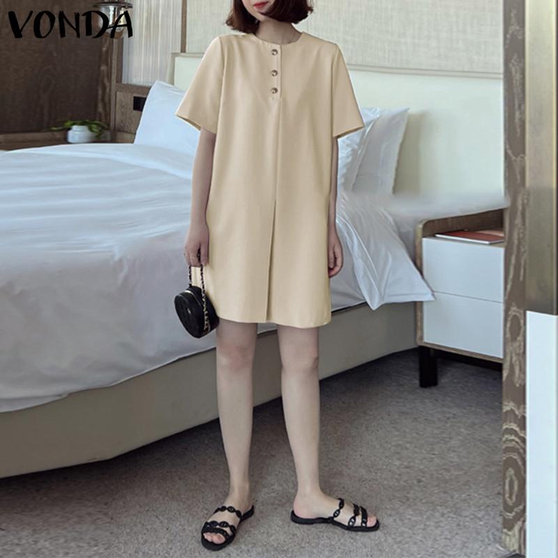 

VONDA Женское летнее свободное платье трапециевидной формы с коротким рукавом и круглым вырезом на пуговицах