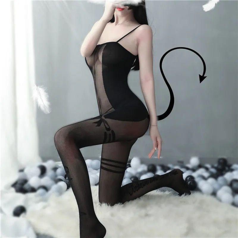 Nachtwäsche: Sexy Netz Damen Transparenter Bodystocking mit offenem Schritt Versuchungsset