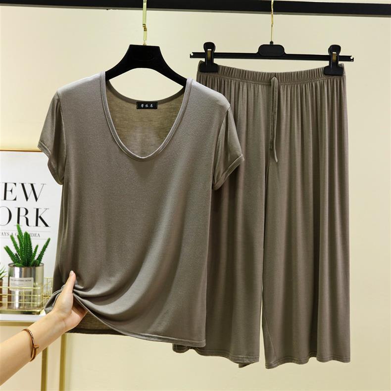 Women's Casual Two-Piece Set: Modal U-Neck T-Shirt & High-Waisted Tie-Waist Wide-Leg Pants