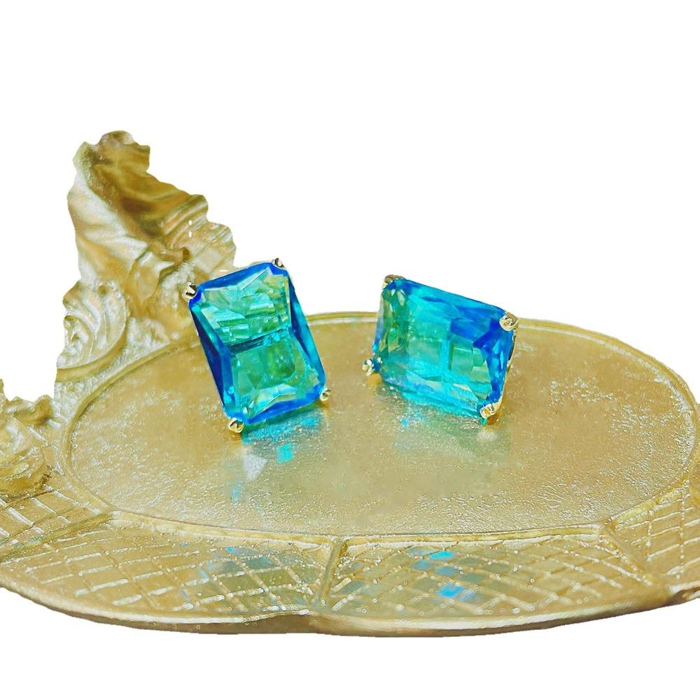 Blue Topaz Princess Cut Stud Earrings Exaggerated Bridal Earrings for Women