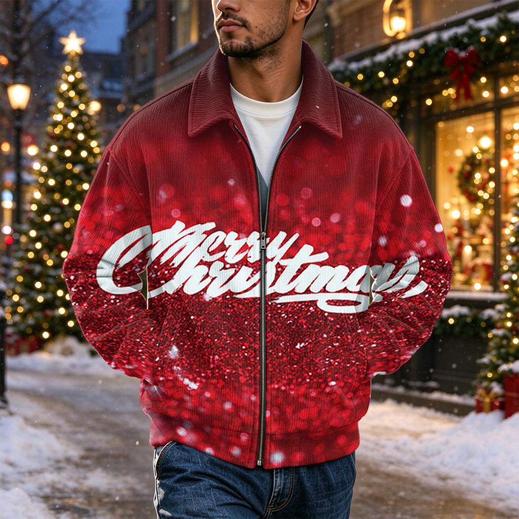 Men's Christmas Print Zip-Up Jacket, Loose Fit Casual Lapel Collar Outerwear for Holiday