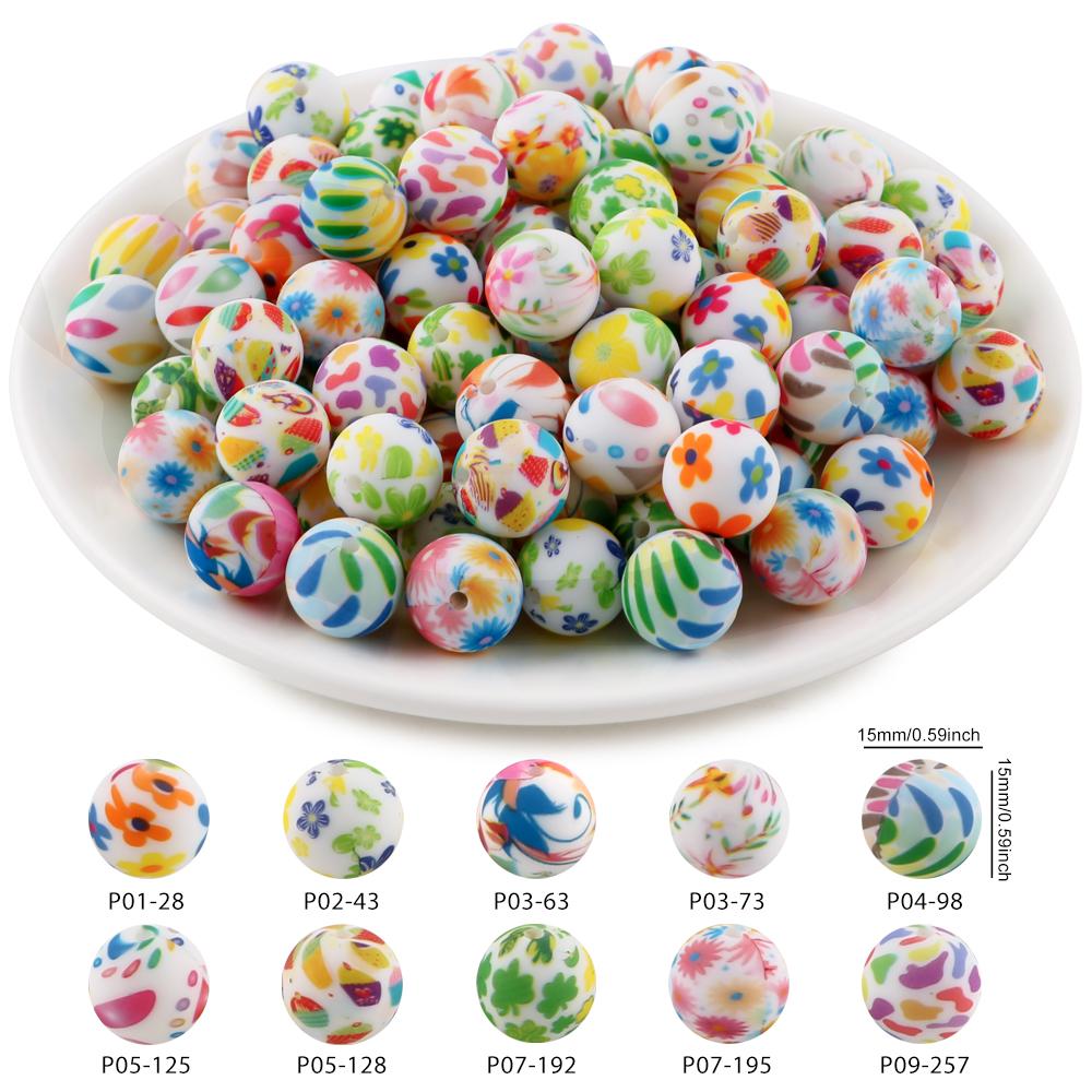 20Pcs/Bag 15MM Printed Silicone Beads Mixed For DIY Jewelry, Bracelets, Keychains, Etc