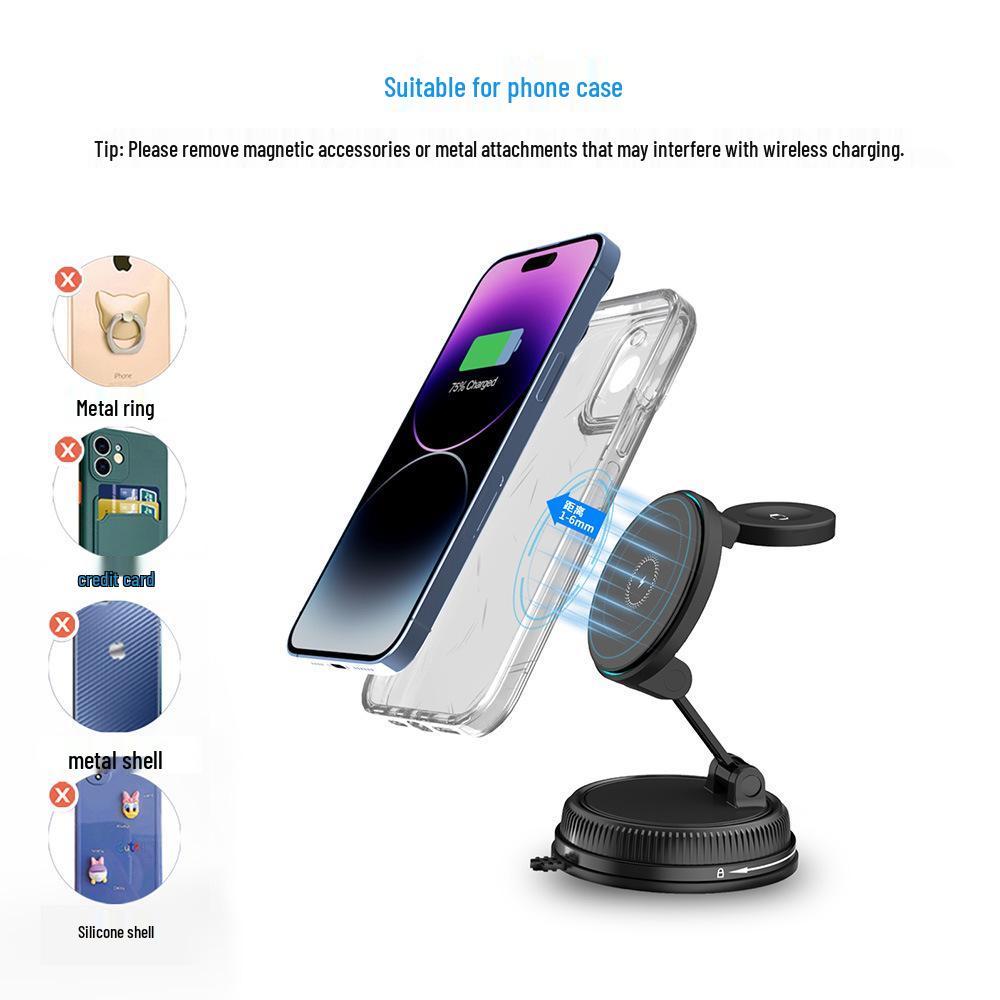 15W Magnetic Wireless Car Charger & Foldable Phone Holder with Suction Cup for Apple Devices