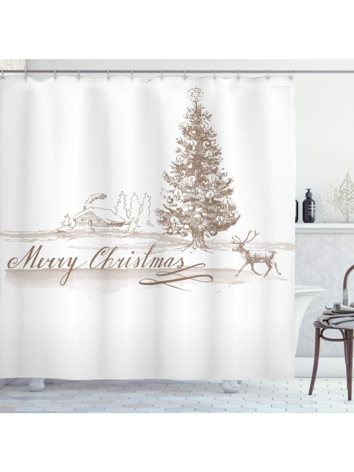 

Christmas Shower Curtain,Romantic Vintage New Year Scenery With Reindeer Tree And Star Design Image, Cloth Fabric Bathroom Decor W60H190(CM)-1 Pcs