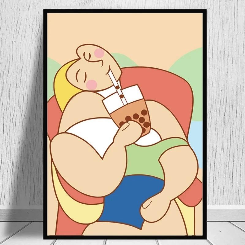 Funny Mona Lisa Bubble Tea Famous Portrait Cartoon Painting Art Print Poster Wall Living Room Home Decor