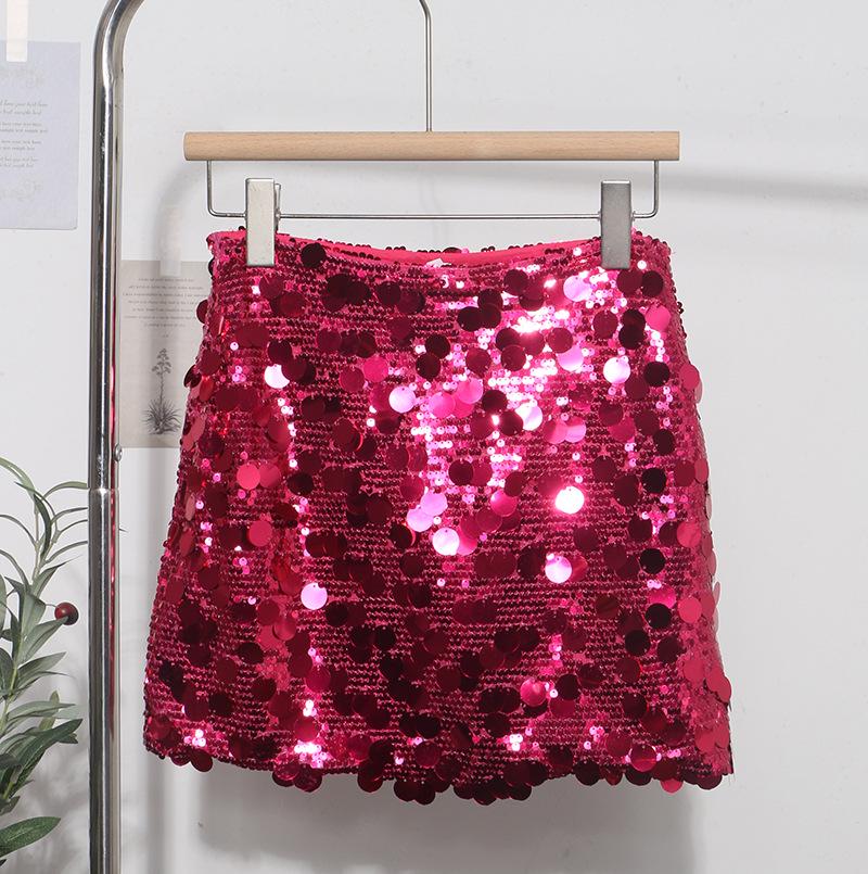 Minigonna A-line scintillante con strass, vita alta, stile industria pesante europea e americana - Stile Nightclub