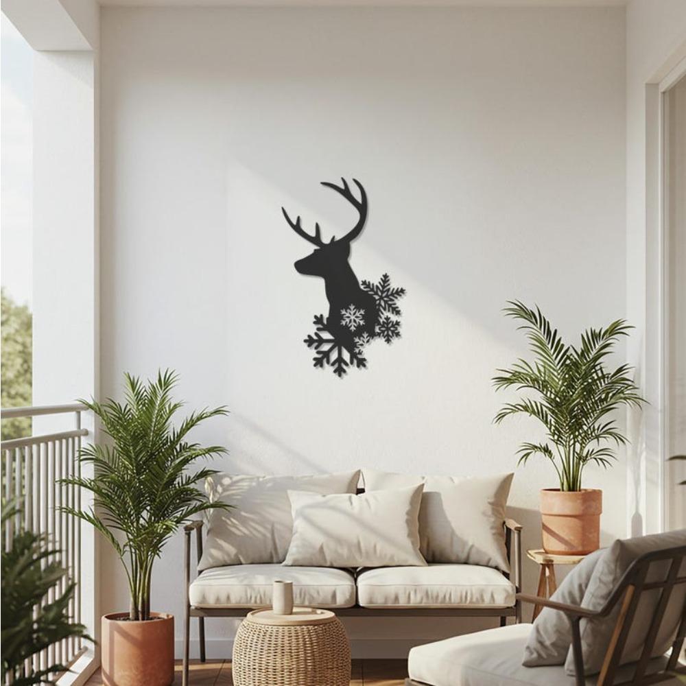 Black Steel Reindeer Head Wall Art, Nordic Christmas Snowflake Home Decor, Minimalist Metal Animal Silhouette