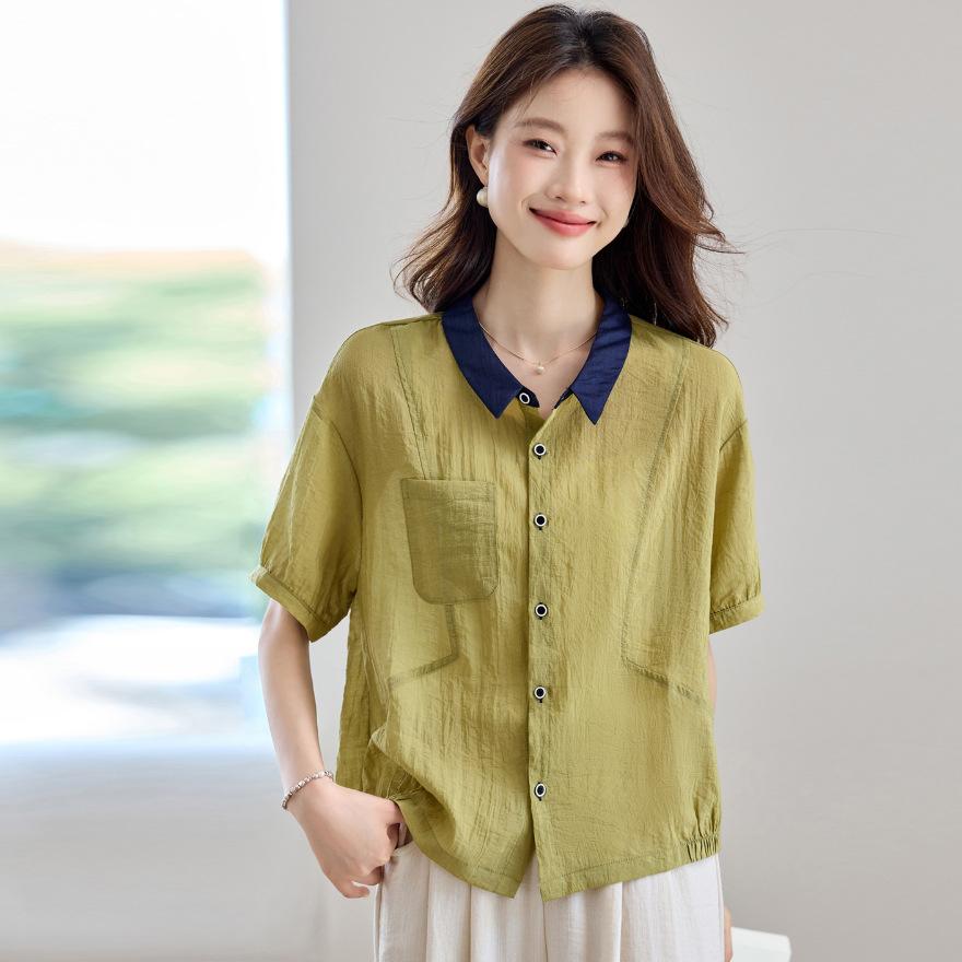 Summer fashion niche design sense contrasting color lapel loose casual versatile short-sleeved shirt women