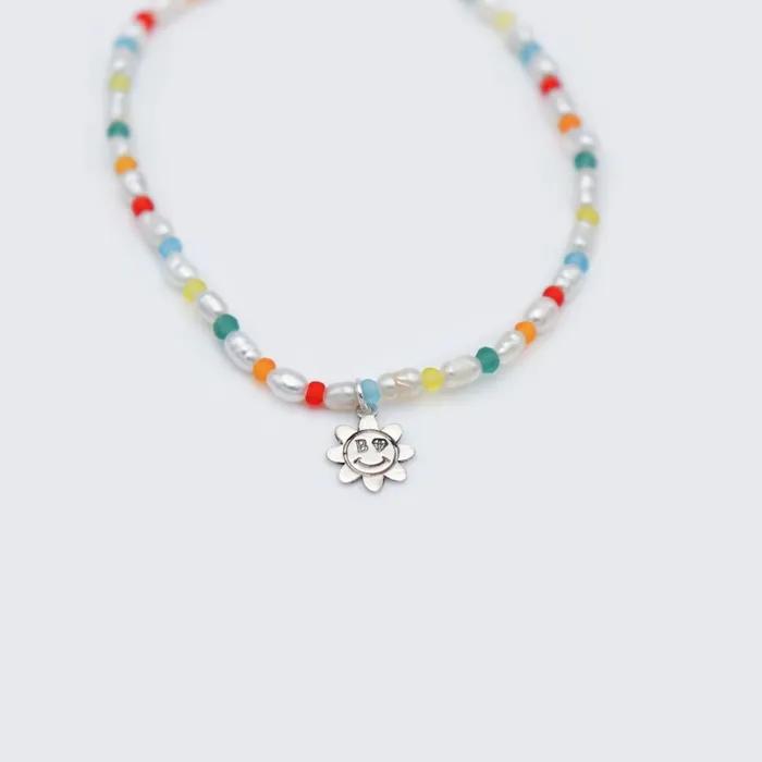 Bonbo Mini Silver Flower Smile Banding Freshwater Pearl Bead Bracelet