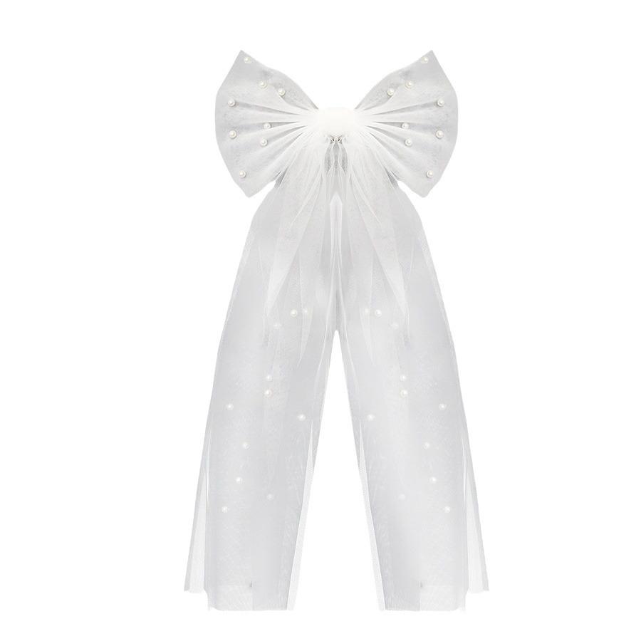 Double-Layer Pearl Bow Veil Hair Clip for Engagements & Weddings