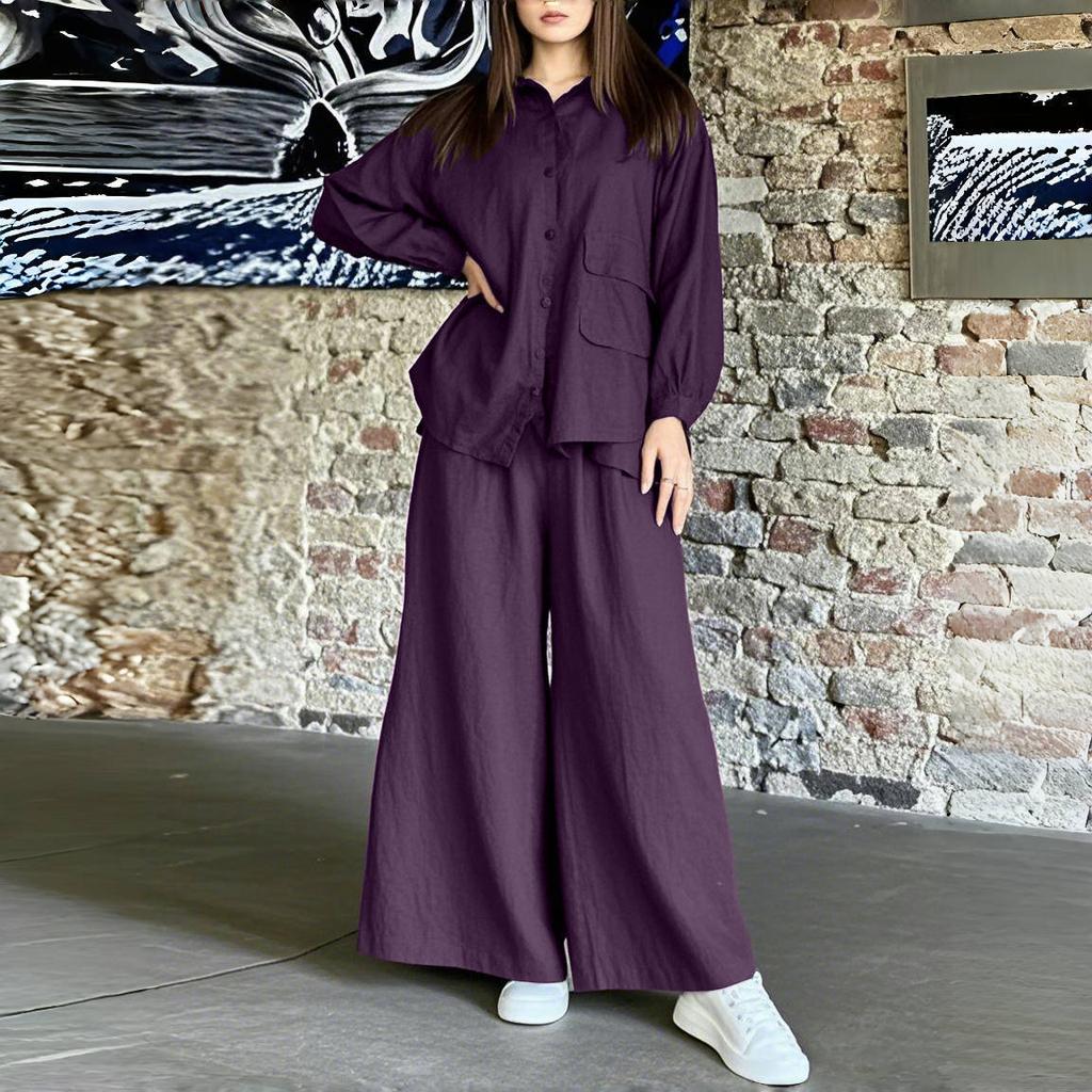 Women's Long Sleeve Button Front Shirt and Wide Leg Pants Set in 7 Colors