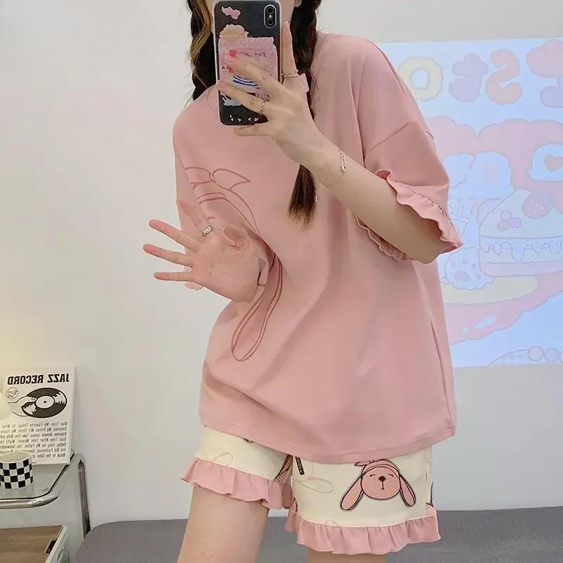 Summer Woman Pajama Cotton Cartoon Sleepwear Orange Cartoon Printing Pyjamas Set Young Lady Shorts Pullover Lingeries