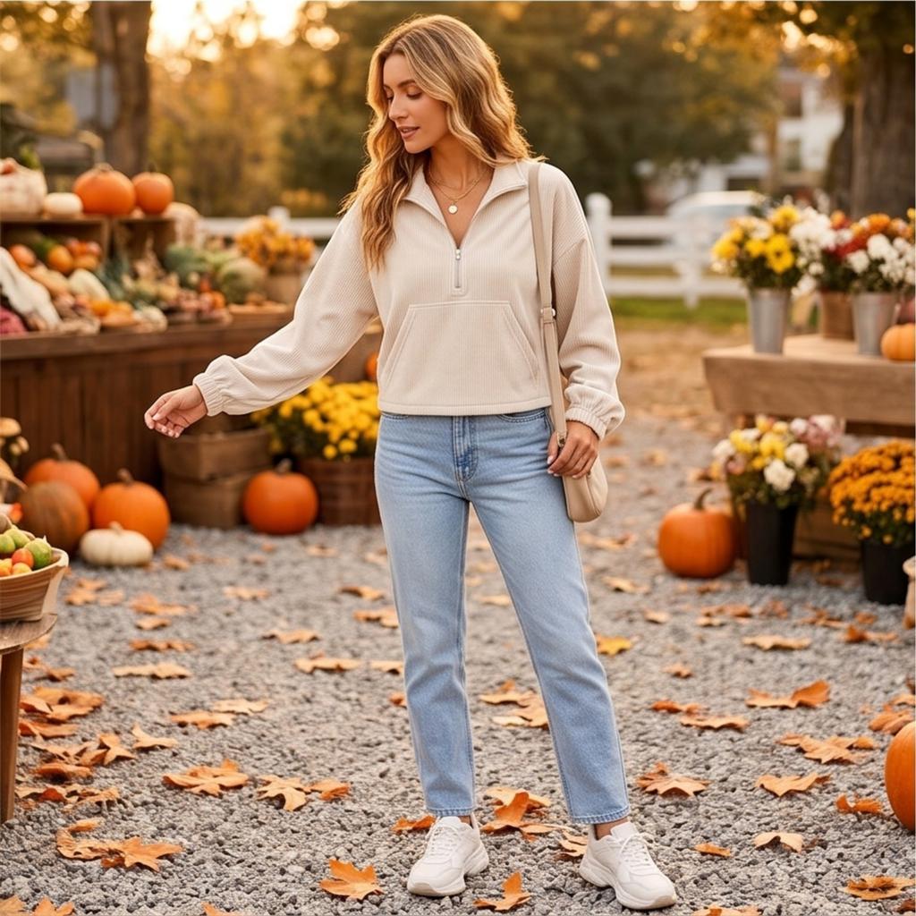 Women's Fashion Color Half-Zip Mock Neck Long Sleeve Sweatshirt with Pockets