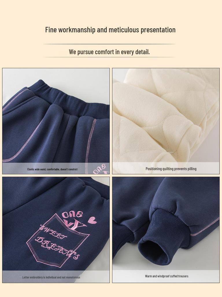 Girls' Winter Fleece-Lined Quilted Cotton Sports Pants - Thickened Three-Layer Design for Big Kids