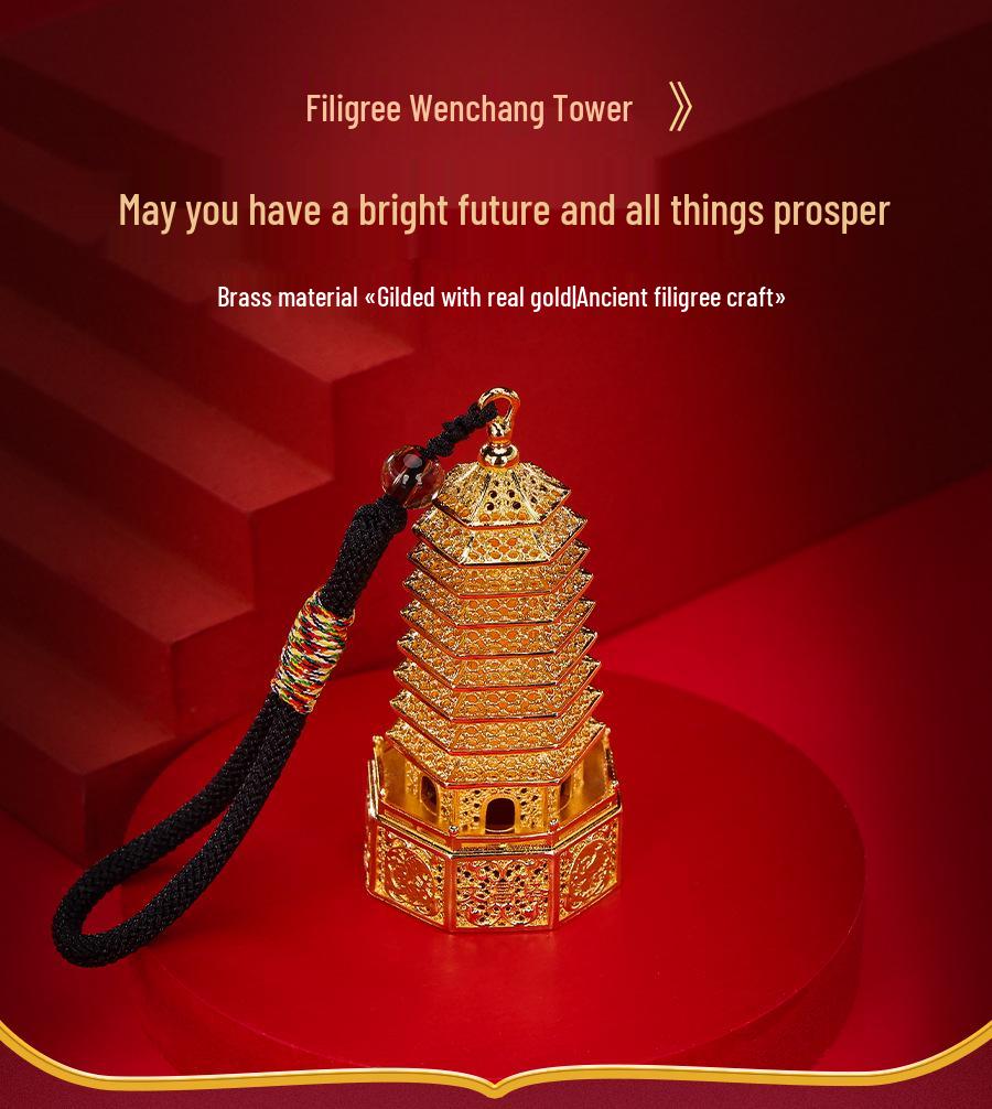 Brass Mini Nine-Story Wenchang Pagoda Ornament for Home, Office, or Backpack – Wishing Academic Success
