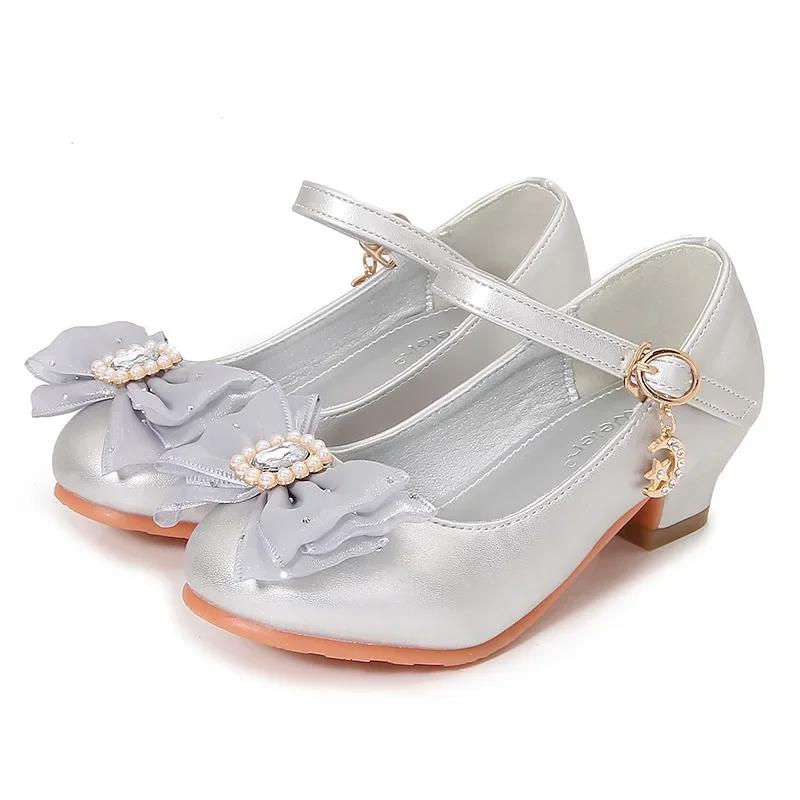 Spring Autumn Children High Heels Sweet Princess Causal Girls Party Dresses Shoes Fashion Bowknot Elegant Kids' Leather Shoes