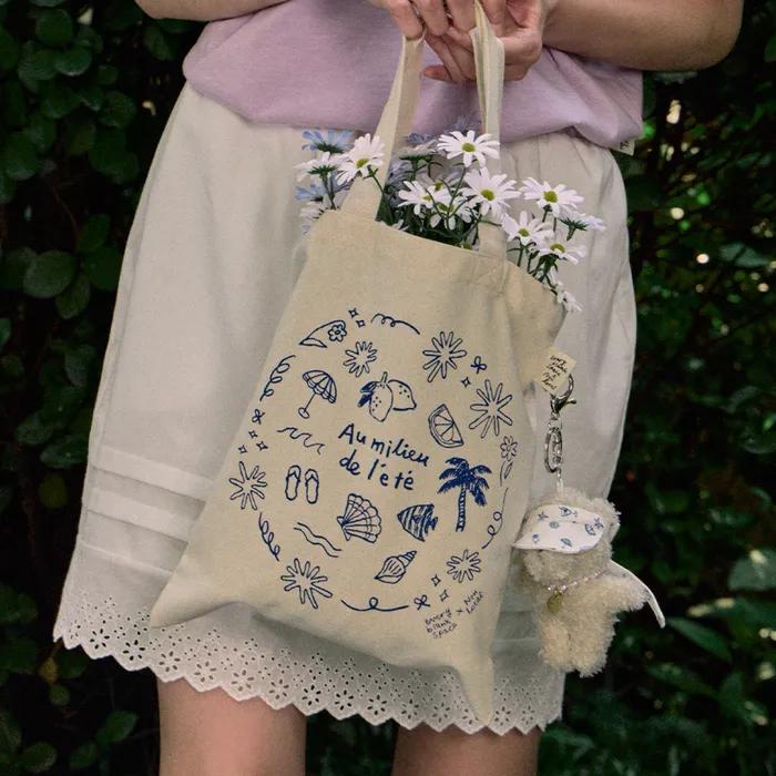 [Non-Local X Lee Ha-yeobaek] Seaside Hand Drawing Eco Bag - Cream
