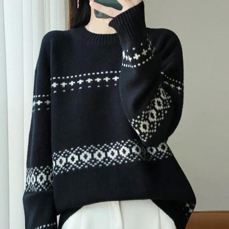 Suéter de Punto Holgado de Manga Larga para Mujer Talla Grande Otoño Invierno Cuello Redondo