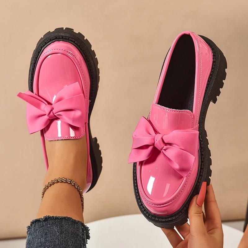 Fashion Bow Patent Leather Loafers for Women Spring 2024 Newhigh Heels Platform Pumps Woman Fashion Soft Soles Pu Leather Shoes Mujer