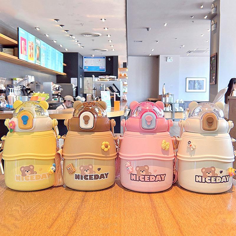 1000 ML Cute Big Belly Water Bottles Stainless Steel Thermos Bottle With Straw Large Capacity Kids School Thermal Insulation Cup