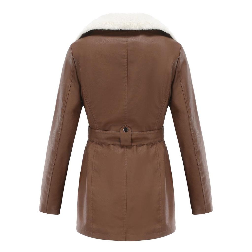 Long-sleeved plus velvet leather jacket women's lapel double-headed zipper belt warm jacket