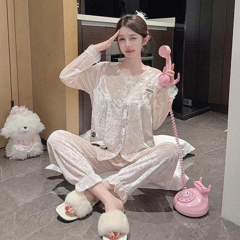 Luxurious Women's Long-Sleeve Gold Velvet Pajama Set